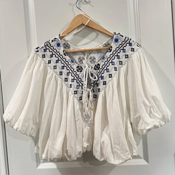 Free People Ivory Blouse with Navy Embroidery - Picture 2 of 11